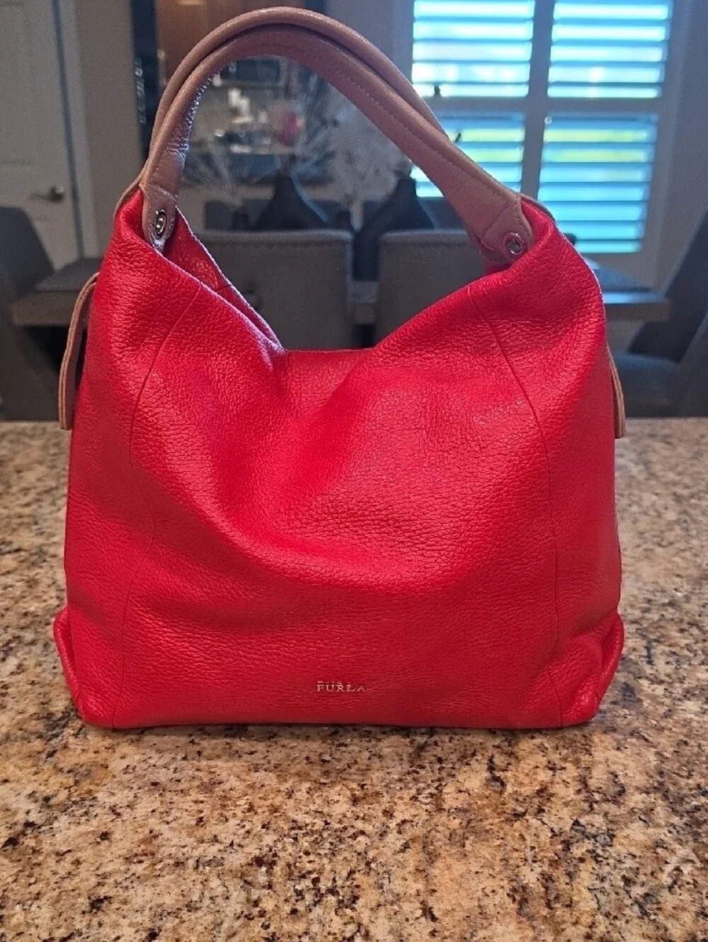 Furla Red Pebbled Leather Shoulder Bag with Tan Handle